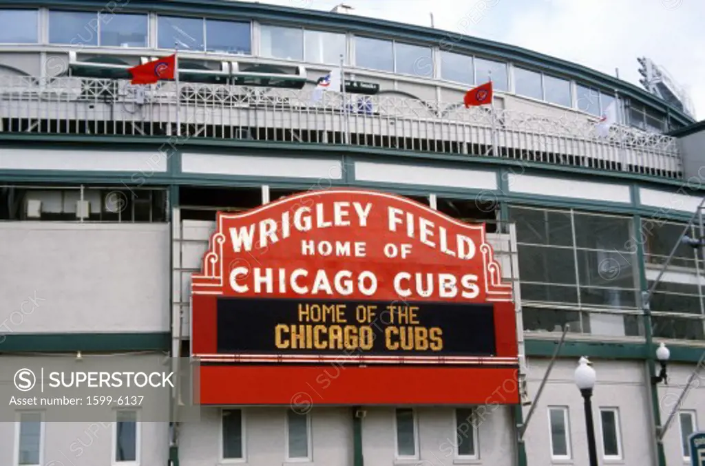 Close-up of signage at Wrigley Field, Illinois, home of Chicago Cubs