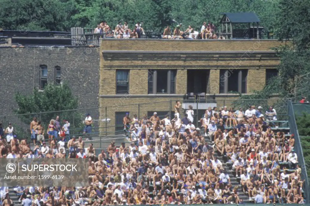 View of full bleachers, full of fans during a professional Baseball Game, Wrigley Field, Illinois