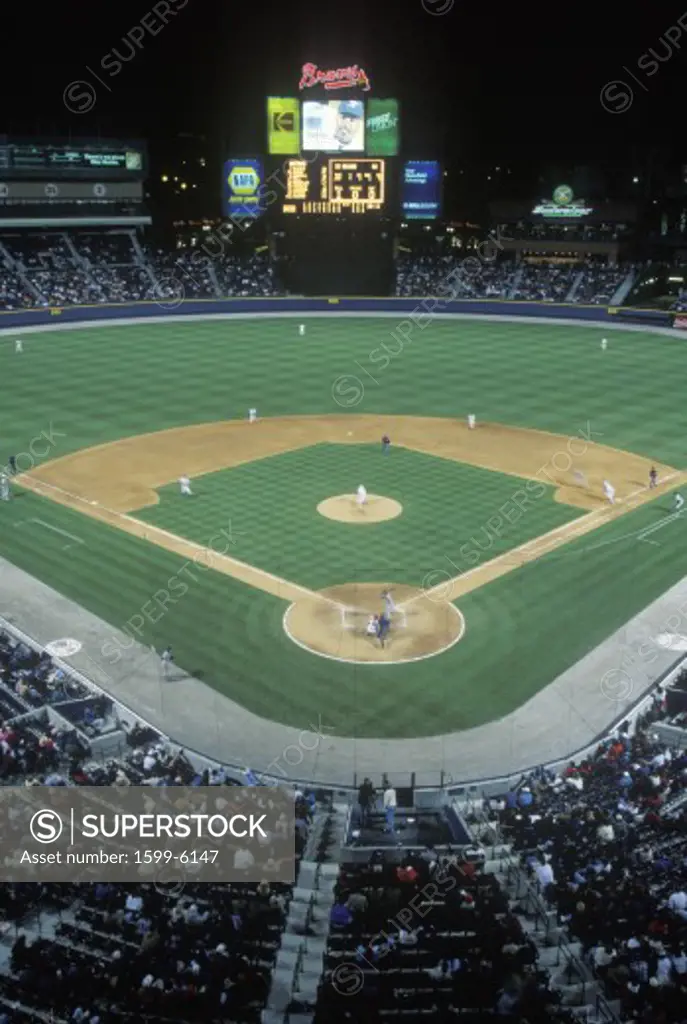 Overview of diamond and full bleachers during a night Baseball game, Turner Field, Atlanta, Georgia