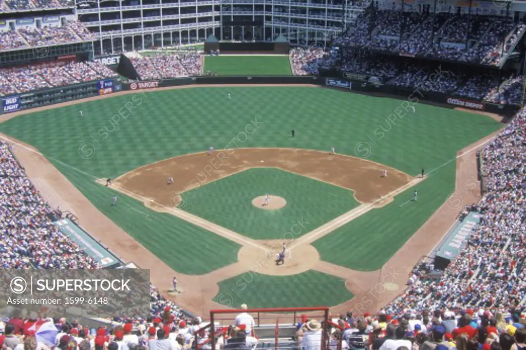 Long view of diamond and full bleachers during a professional Baseball game, The Ballpark, Arlington, Texas
