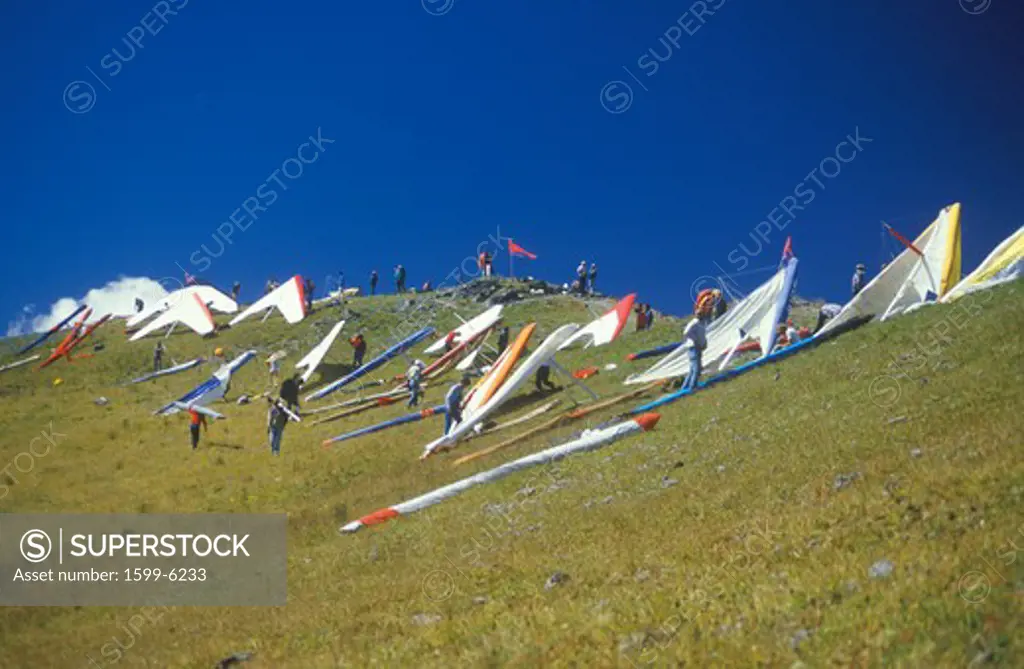 Pilots on slope during Hang Gliding Festival, Telluride, Colorado