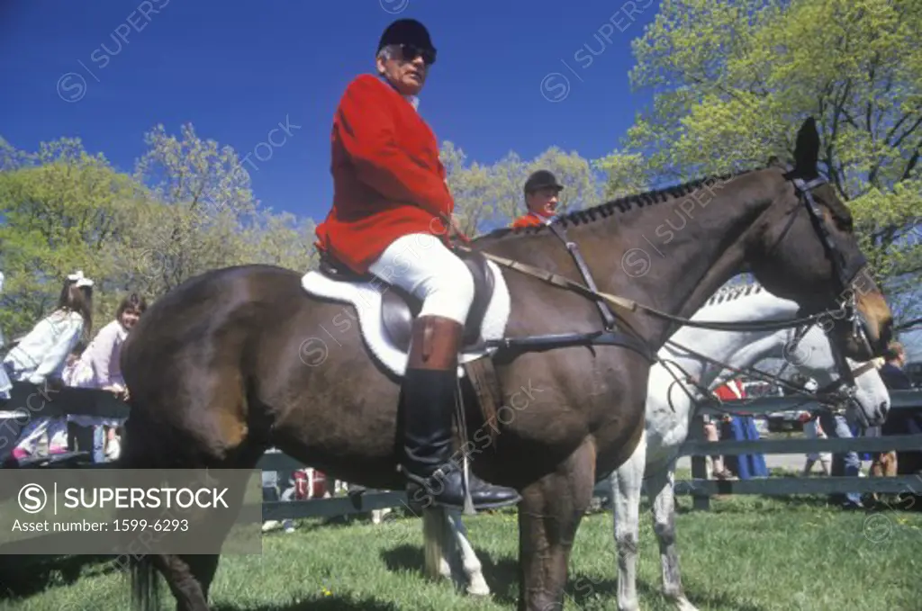 Rider on horseback observing steeplechase field, Prind Steeplechase Glenwood Park, Middleburg, Virginia