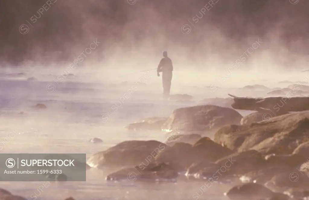 Morning fishing in fog on Housatonic River, Northwestern CT
