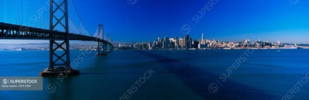 This is the Bay Bridge and skyline in morning light. It is the view from Treasure Island.