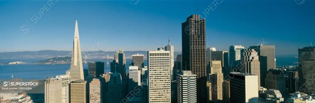 This is the Transamerica Building and skyline in daylight. The Bay Bridge is very small in the background. It is the view from the Fairmont Hotel.