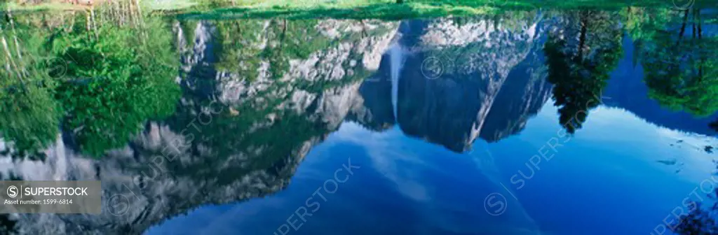 This is a water reflection of Upper Yosemite Falls in the spring.