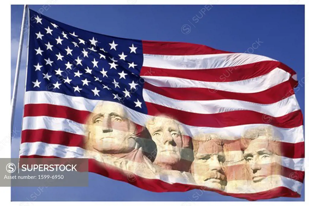This is an American flag waving in the wind set on a flagpole against a blue sky. The four presidents of the Mt. Rushmore National Monument are digitally composited into the bottom right hand side of the flag. This is a digitally created image.