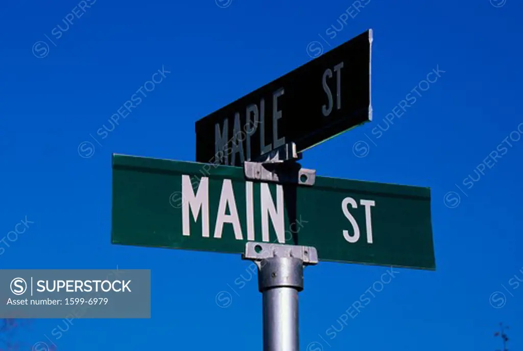 This is a street sign labeling the corner of Main Street & Maple Street. The sign is green with white lettering against a blue sky.