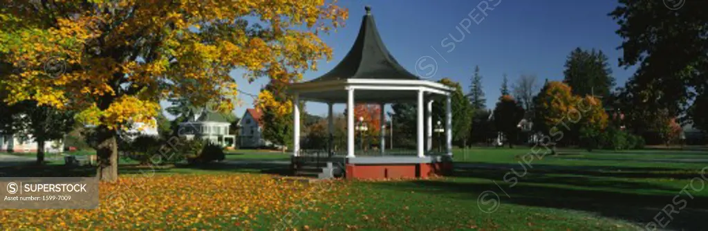 This is the town square. In the center is a gazebo. It is located on Main Street. There is autumn foliage in a park setting. We see Victorian style houses in the background. The gazebo has white columns and steps leading up to its landing. It has a black roof covering it.