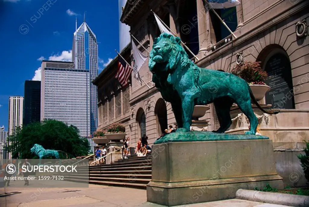This is the exterior of the Art Institute of Chicago. The famous lion statues are guarding its entrance.