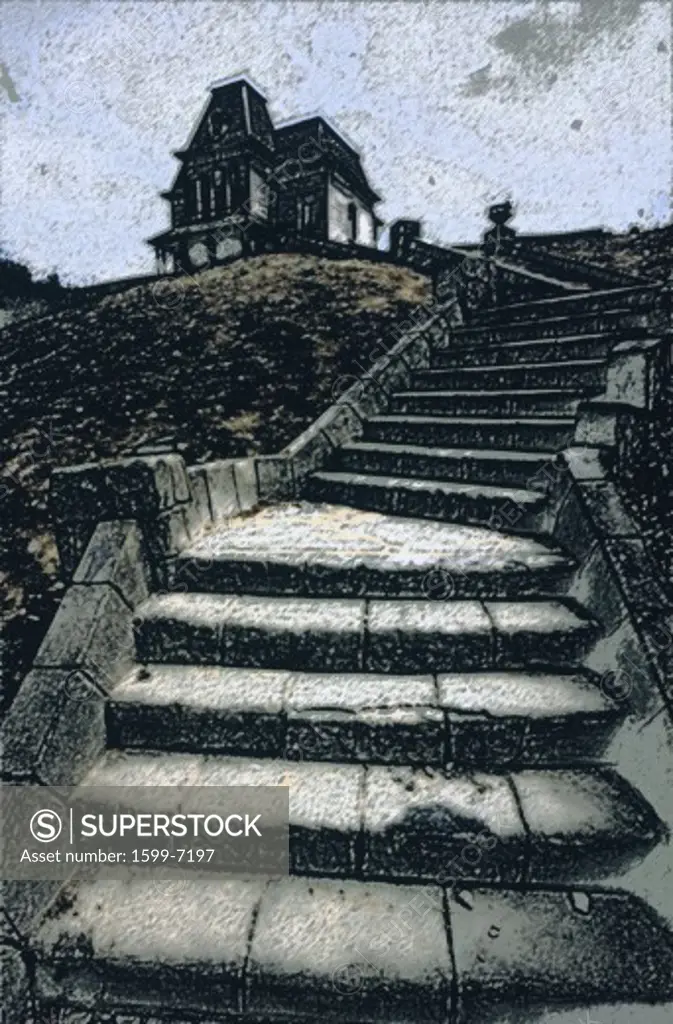 This is a house on a hill that looks haunted with steps leading up to it. This is a digitally manipulated image.
