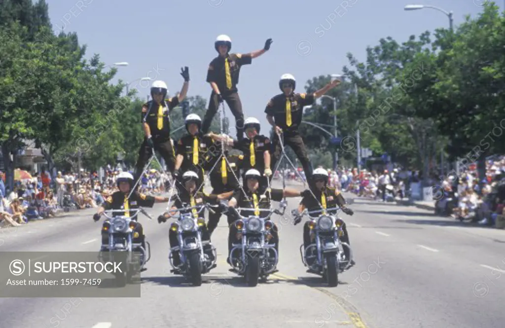 Motorcycle Police in Pyramid in July 4th Parade, Pacific Palisades, California