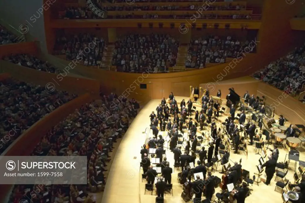 The Los Angeles Philharmonic orchestra performing at the new Disney Concert Hall, designed by Frank Gehry 