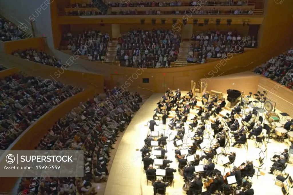 The Los Angeles Philharmonic orchestra performing at the new Disney Concert Hall, designed by Frank Gehry 