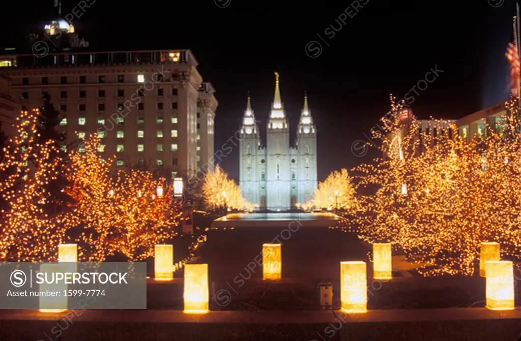 Mormon Temple at night in Salt Lake City Utah