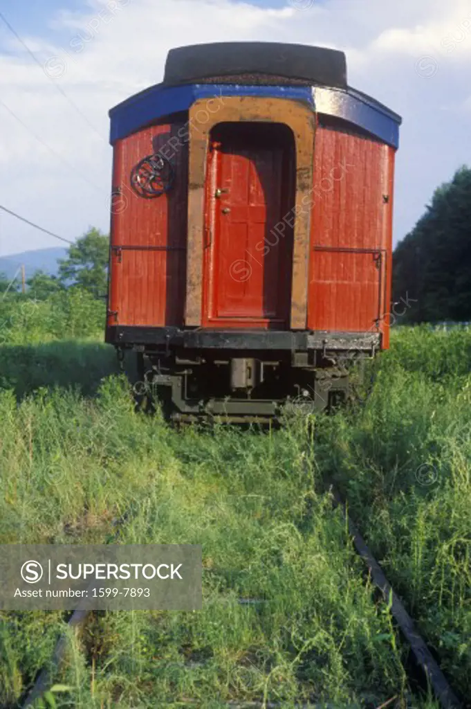 Abandoned passenger car on tracks overgrown with weeds and grass, Mount Pleasant, New York