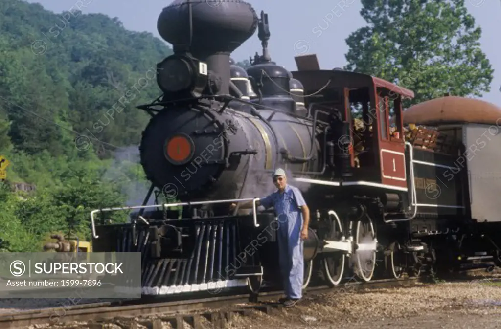 A steam engine at a train station in Eureka Springs, Arkansas