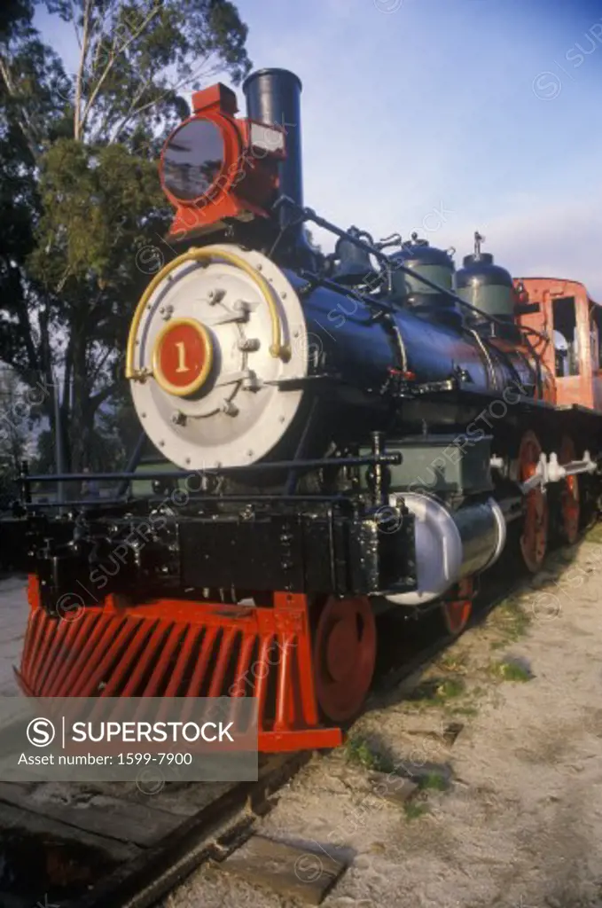 An old-fashioned steam locomotive, Mariposa Engine Number One, is on exhibit at the Travel Town Transportation Museum, Los Angeles, California