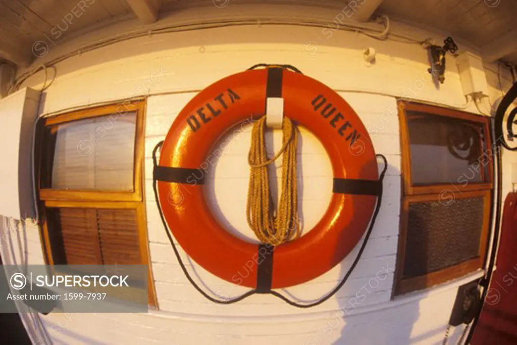 A life preserver on the front of the cabin of the Delta Queen, a relic of the steamboat era of the 19th century, Mississippi River