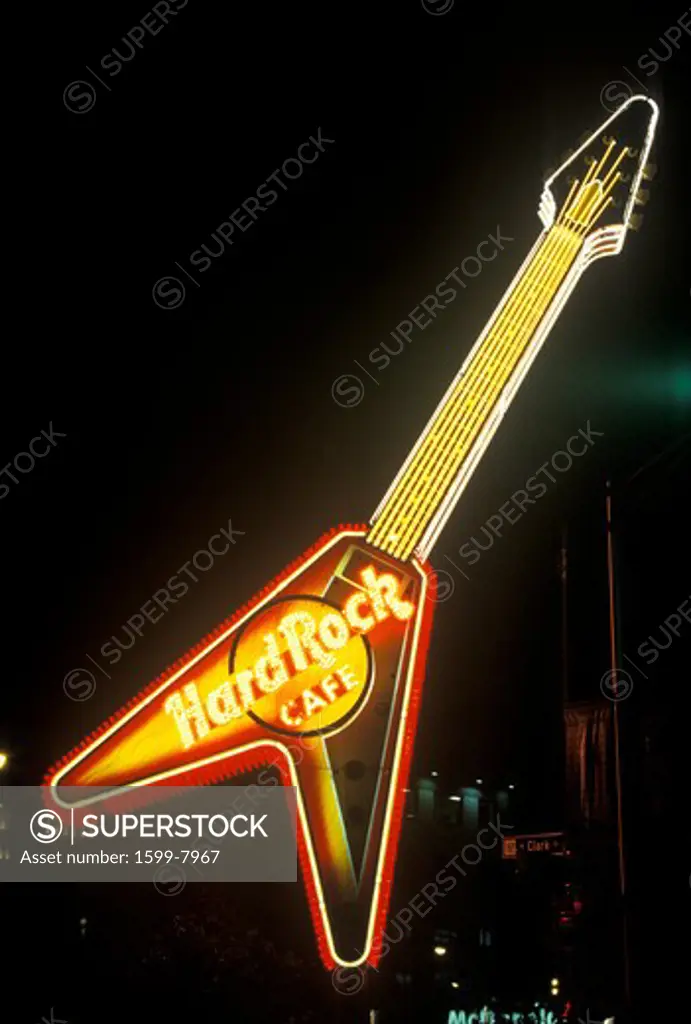 A Hard Rock Café guitar sign in Chicago, Illinois