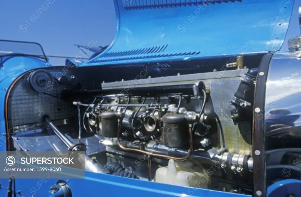 An engine of a blue Bugatti at the 35th Annual Concours D' Elegance Competition in Carmel, CA