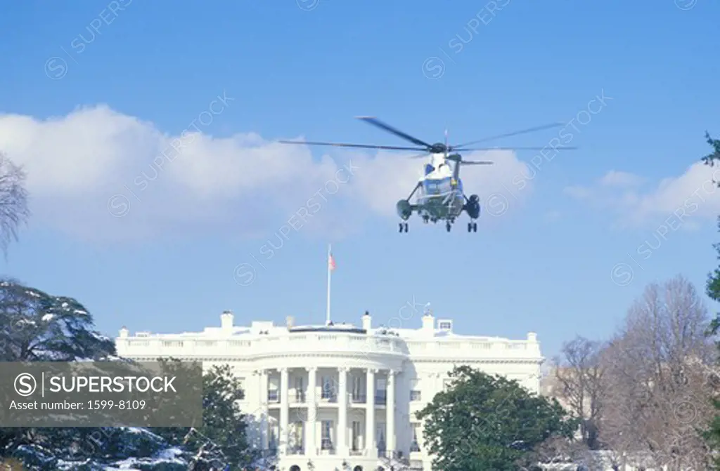 President Reagan arriving at the White House in a helicopter in Washington, D.C.