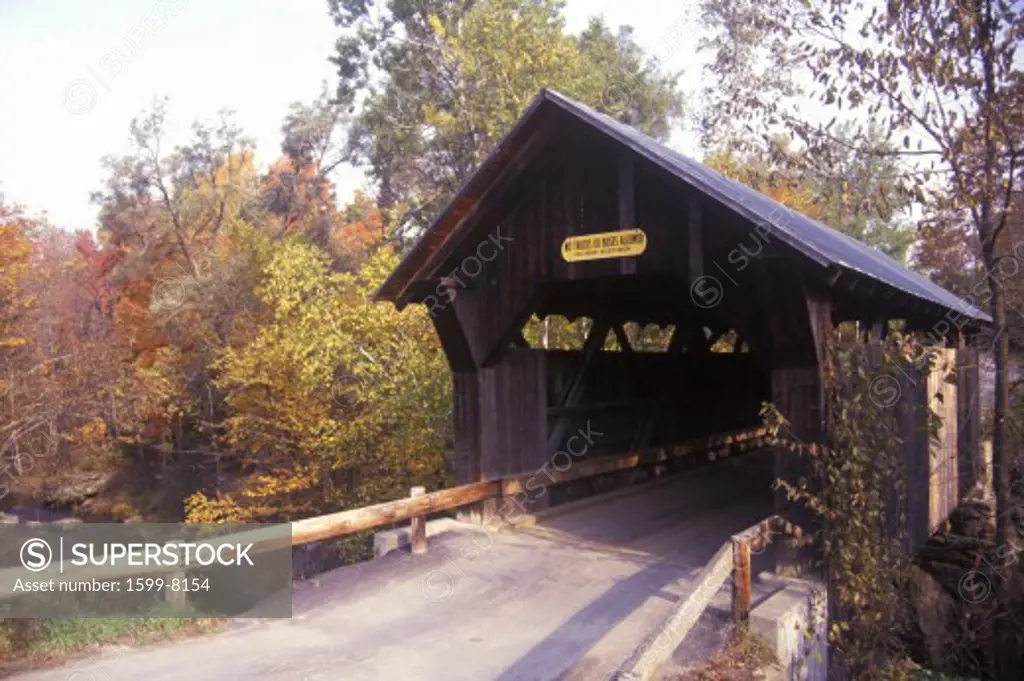 The Goldbrook Covered Bridge in Stowe, Vermont during the winter