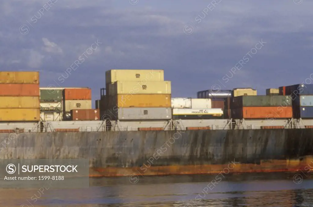  A close-up of a cargo ship in Boston Harbor, Massachusetts