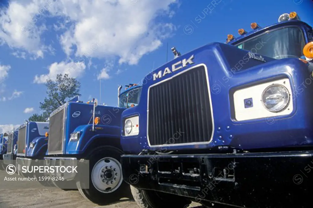 A line up of Mack trucks