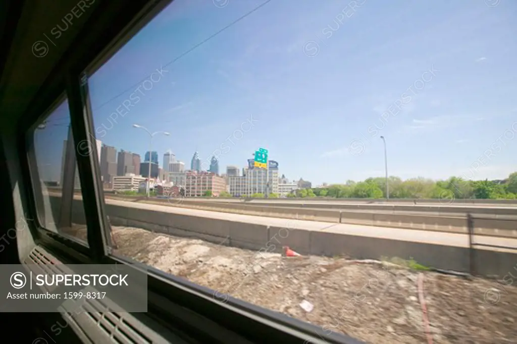 View of Philadelphia skyline from moving Amtrak train, Philadelphia, Pennsylvania