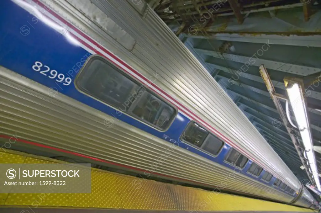 Angled view of Amtrak train in Penn Station, New York City, Manhattan, New York