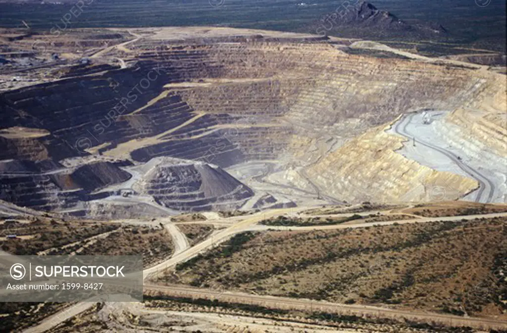 Aerial view of environmental damage caused by copper mining in Tucson, AZ
