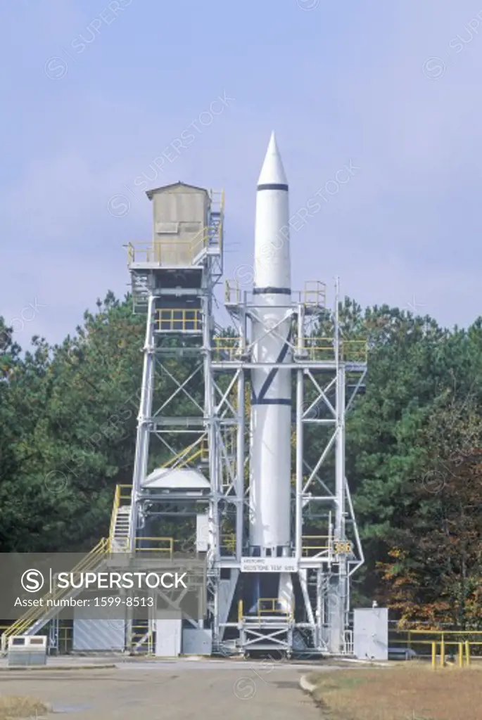 A rocket at the historic Redstone Rocket Test Site at the George C. Marshall Space Flight Center in Huntsville, Alabama