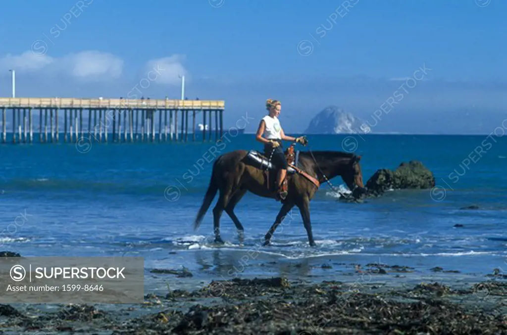 Girls riding horseback on beach, Morro Bay, CA