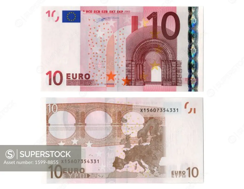 Front and back side of the Ten Euro bank note
