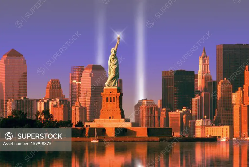 World Trade Center Light Memorial behind Statue of Liberty