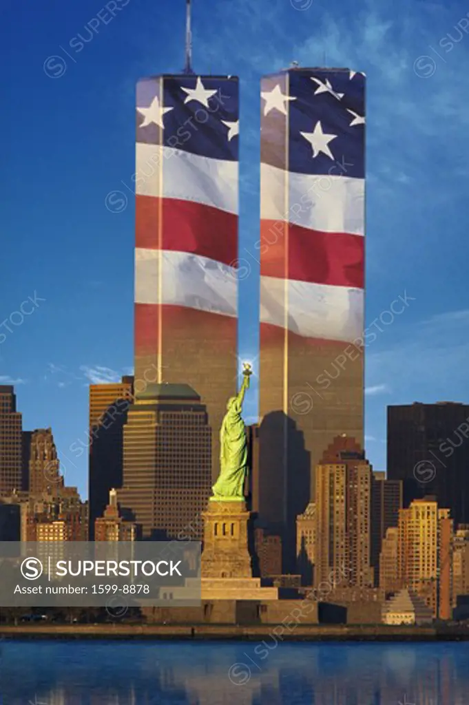 World Trade Center with American flag superimposed