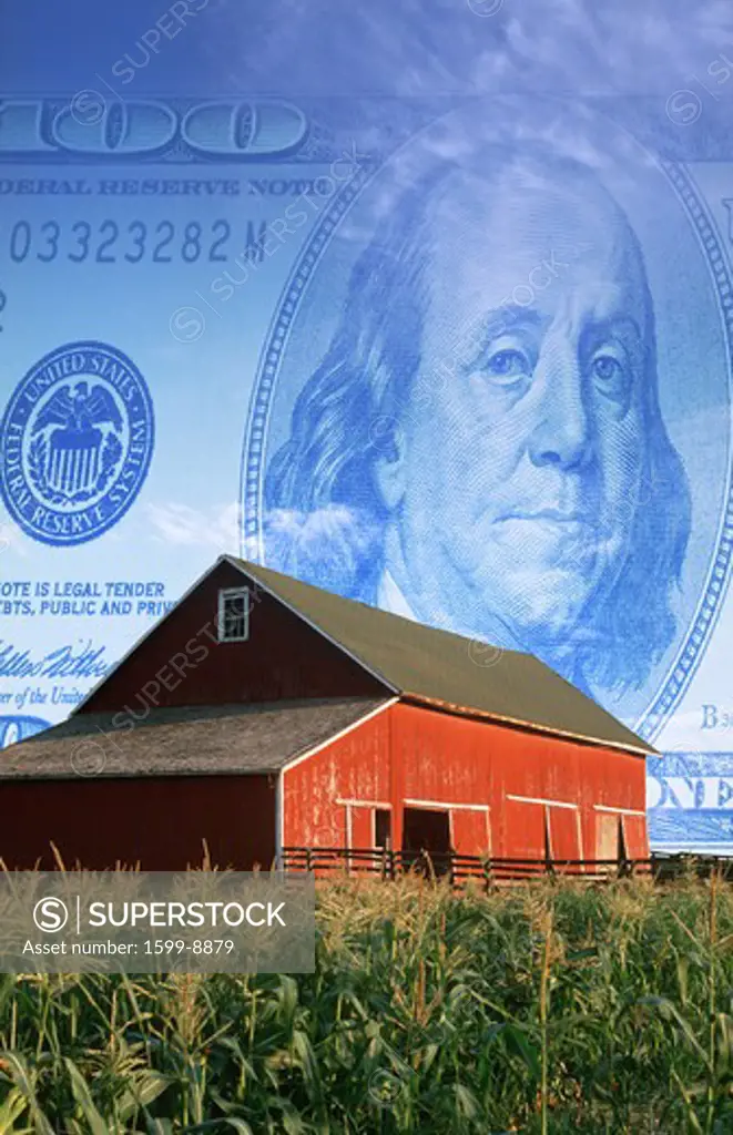 Photo montage: American currency, red barn and corn field