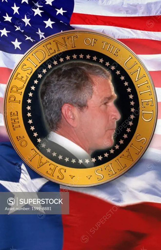 Digital composite: President George W. Bush, American flag and the state flag of Texas