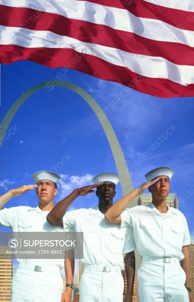Digital composite: Ethnically diverse American sailors, American flag, St. Louis Arch