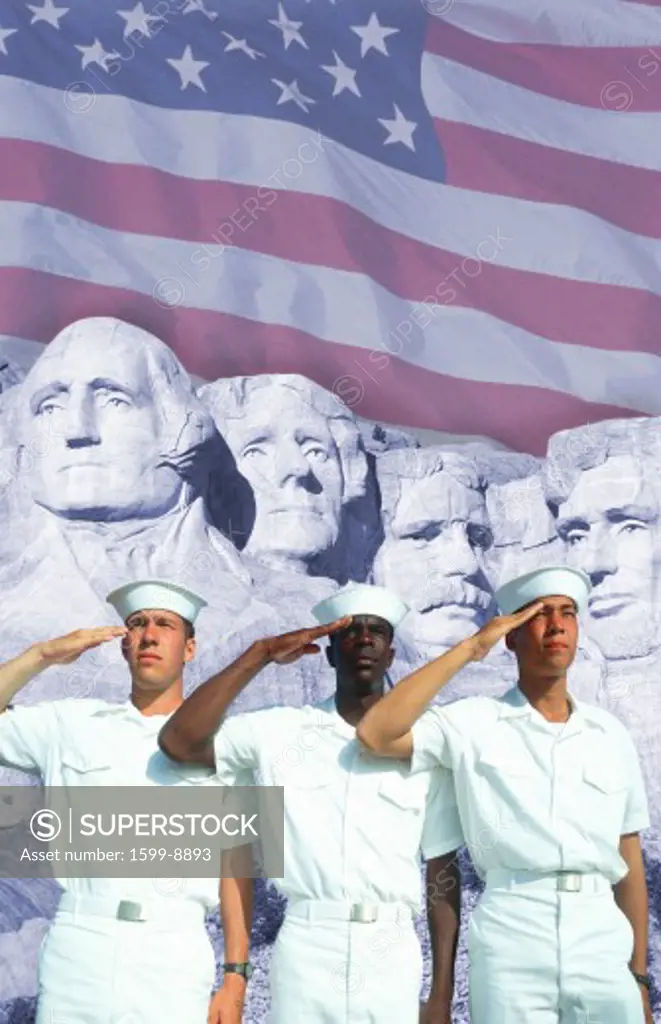 Digital composite: Ethnically diverse American sailors, American flag, Mt. Rushmore