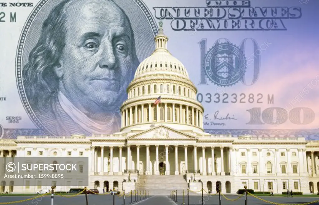 Digital composite: U.S. Capitol with One hundred dollar bill