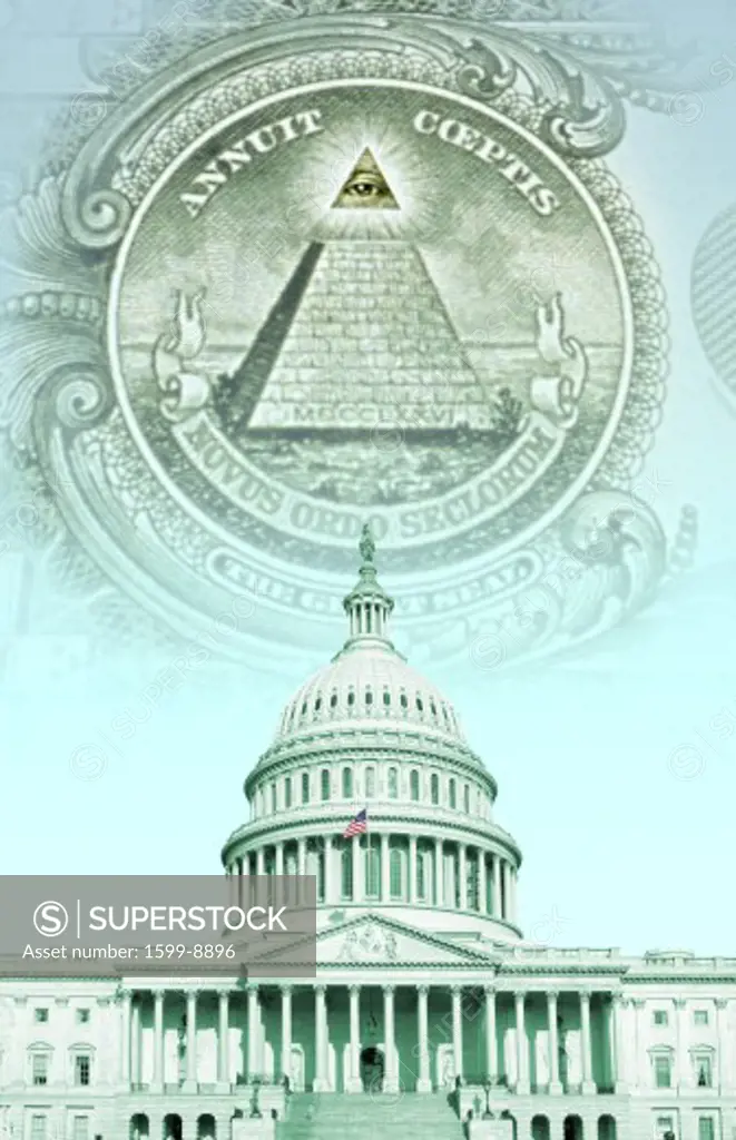 Digital composite: U.S. Capitol with money