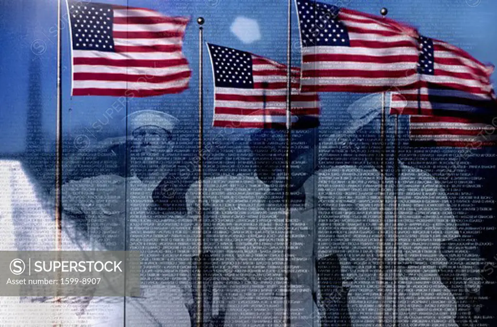 Digital composite: American flags and reflection of sailors saluting The Wall Vietnam War Memorial 