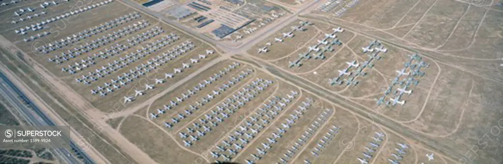 Aerial view of bone yard, F4 fighter aircraft at Montham AFB, Tucson, Arizona