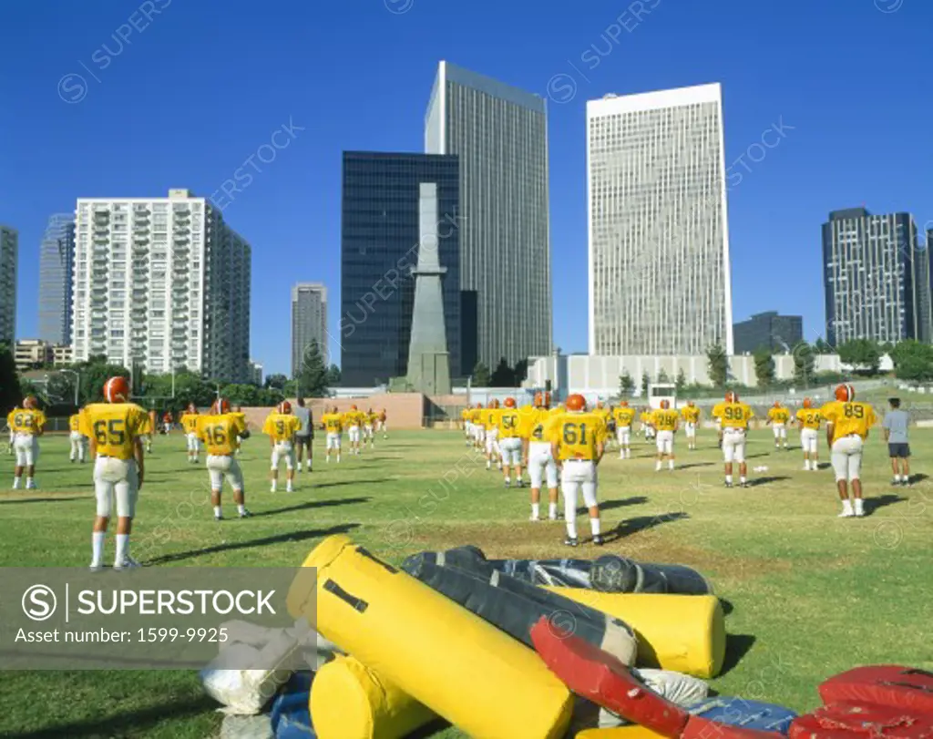 High school football practice, Century City, California