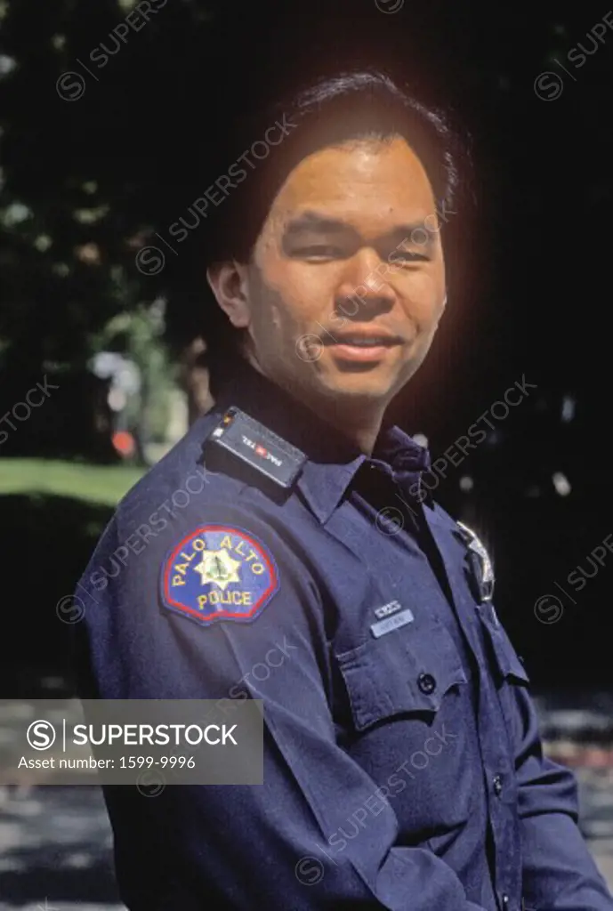 Policeman poses for the camera in Cupertino, California