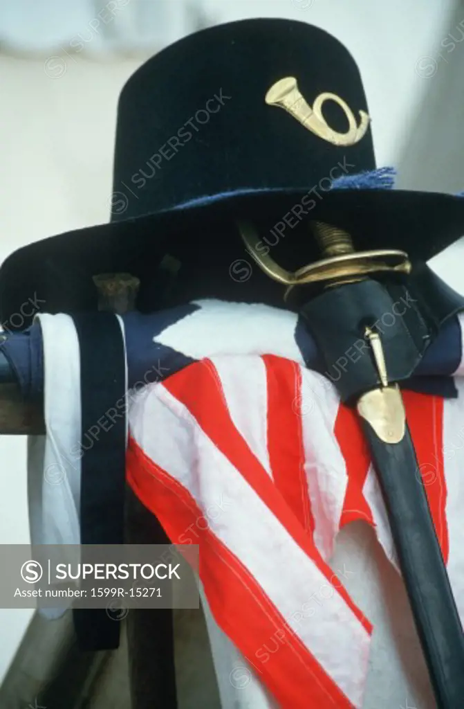 U.S. Calvary hat, sword and flag from American Civil War