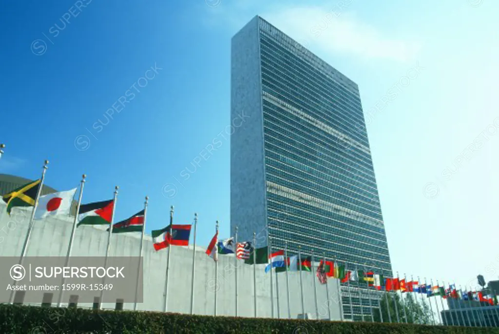 United Nations Building with flags in New York City, New York