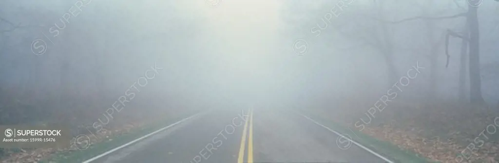 This is Fossy Road in a fog.  It signifies hazardous driving conditions as you can only see a few feet of the road and the way ahead is obscured by the fog.